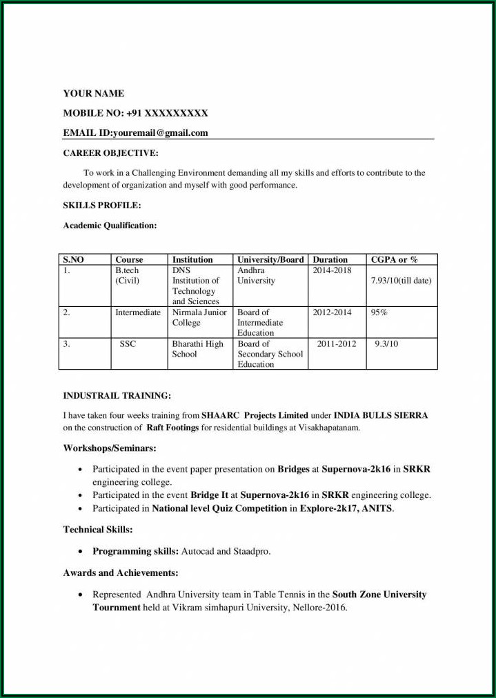 Resume Format For Freshers Civil Engineers Pdf Free Download