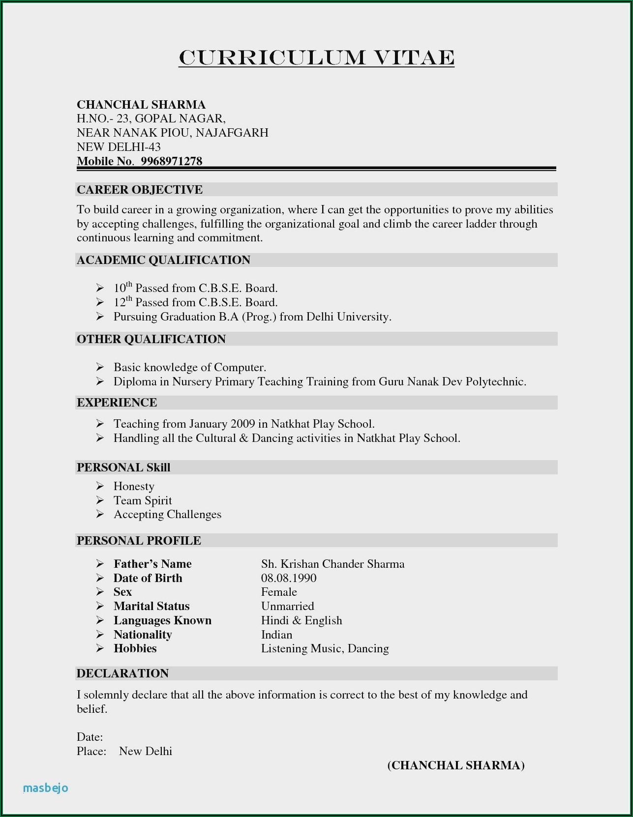 Resume Format For Job Fresher Pdf Download Free