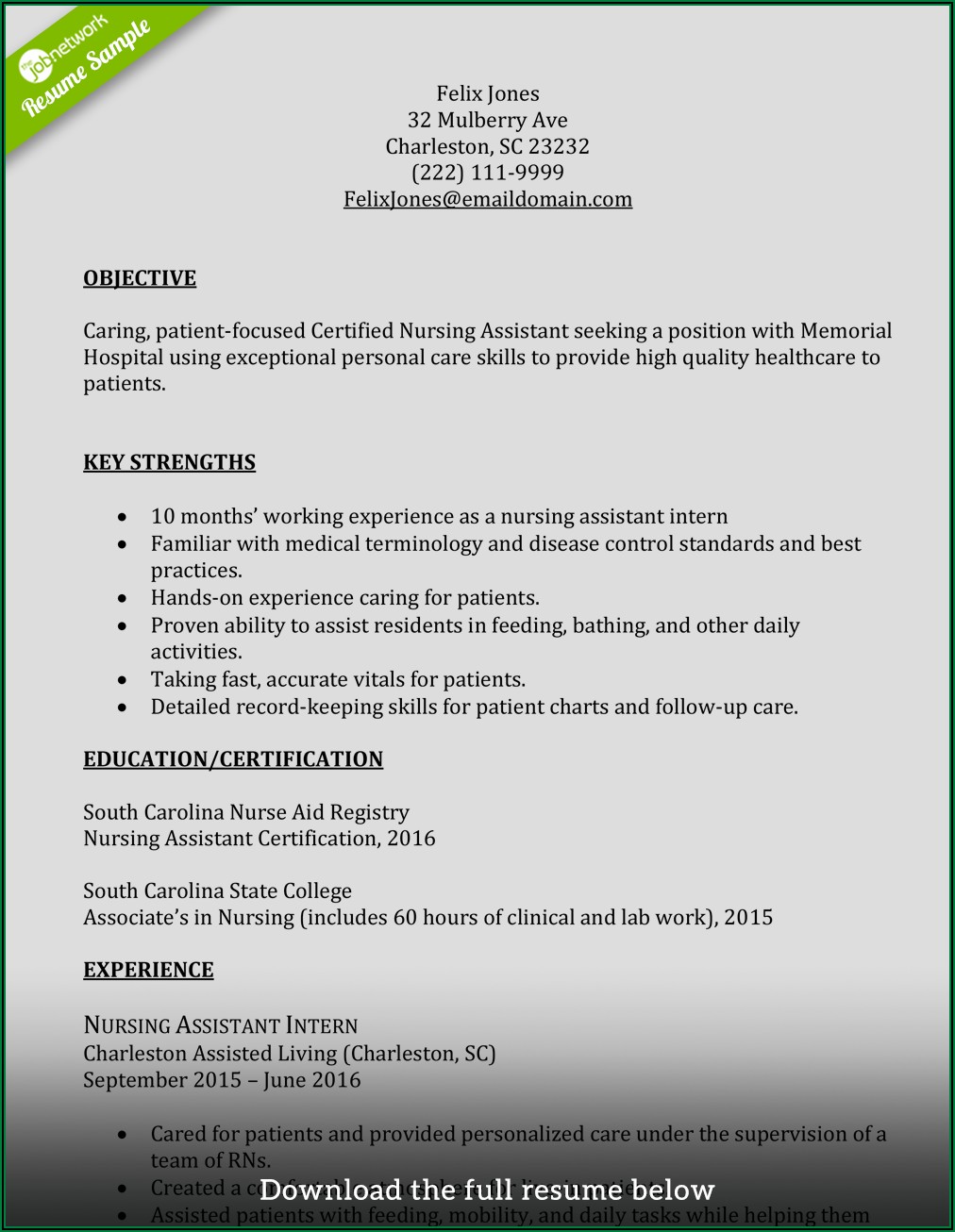 Resume Job Descriptions For Certified Nursing Assistant