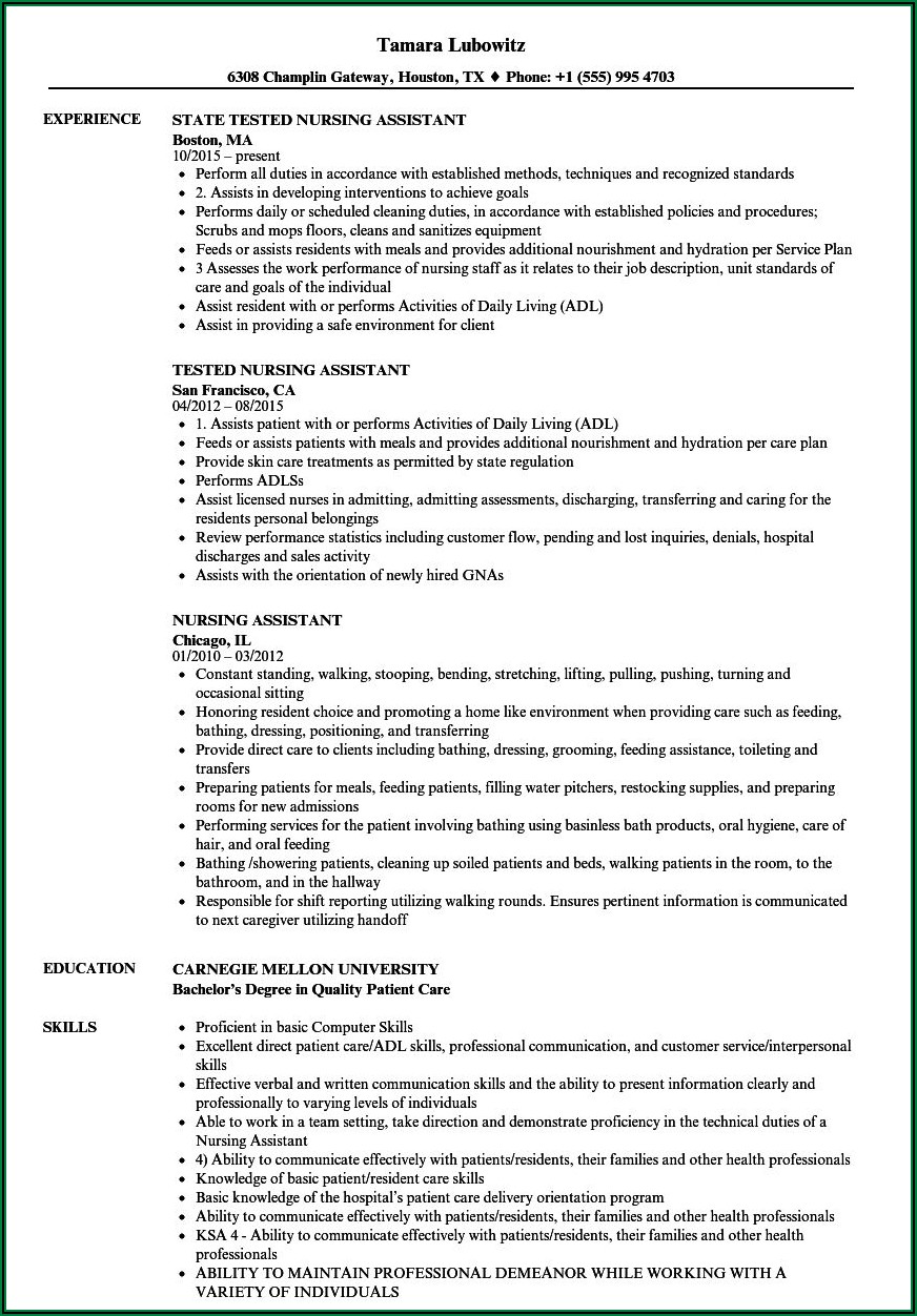 Resume Samples For Nursing Assistant