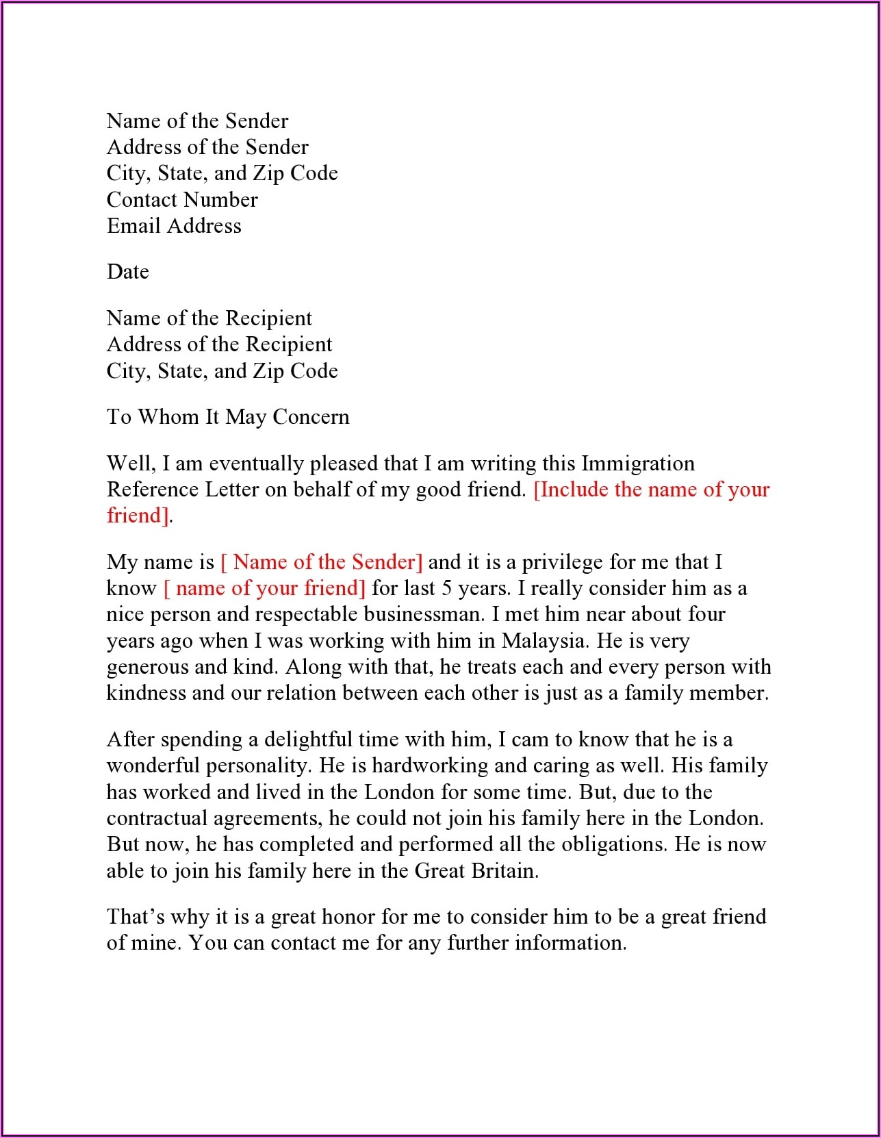 Sample Character Reference Letter For A Friend For Immigration Uk