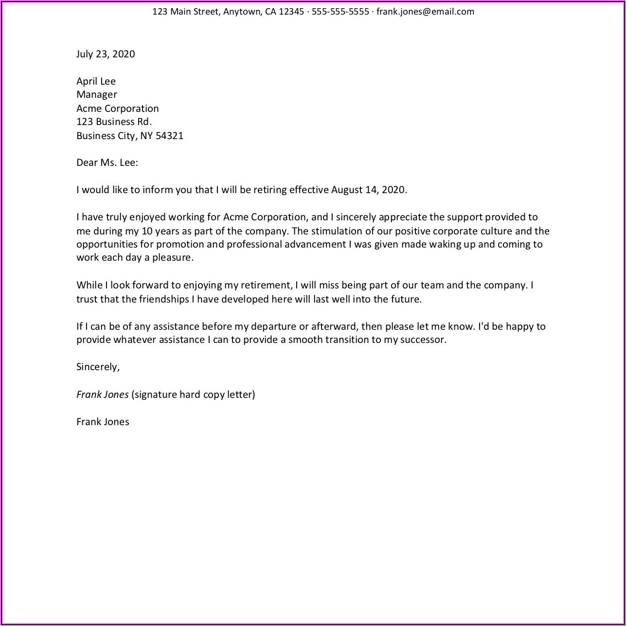 Sample Resignation Letter Due To Retirement