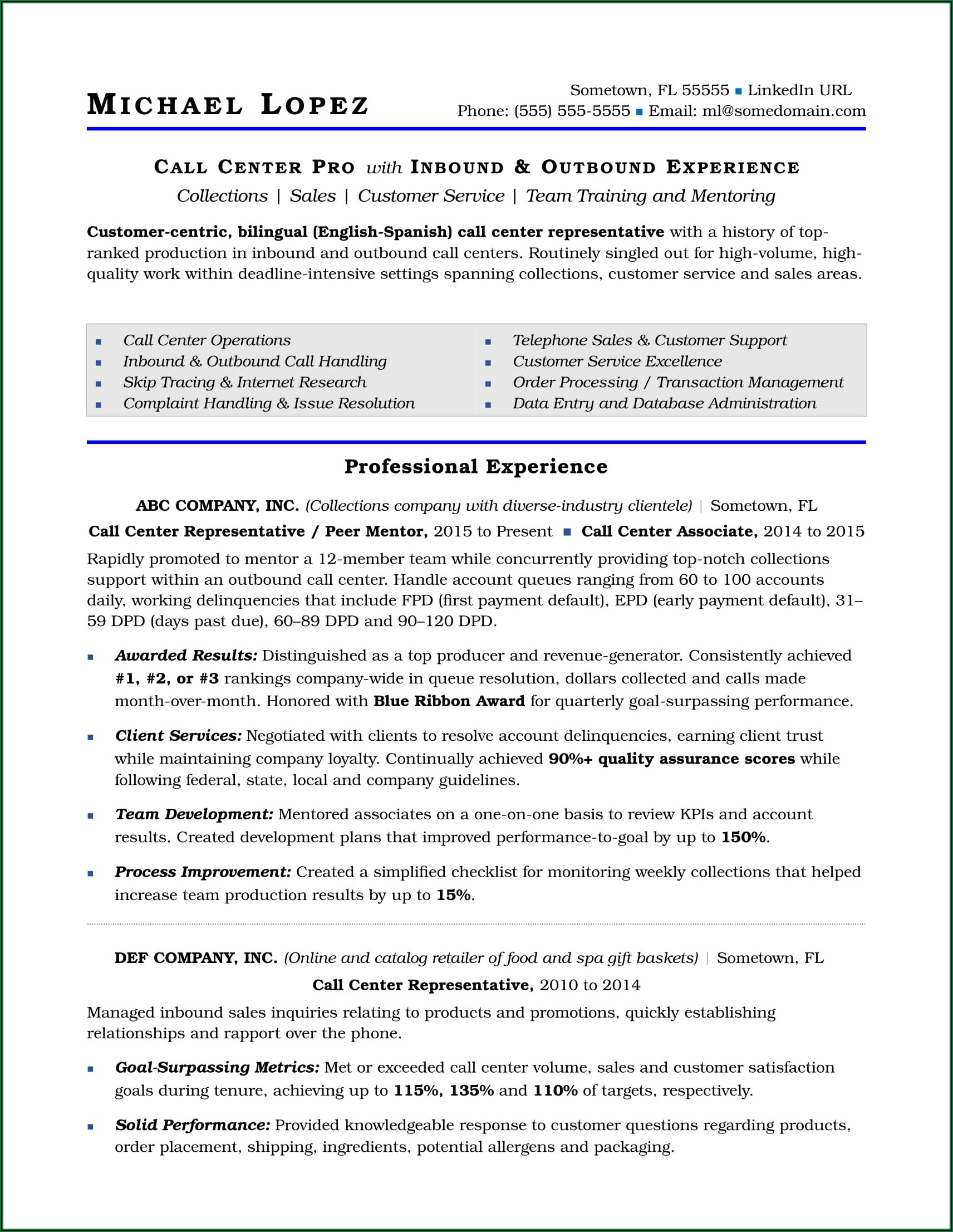 Sample Resume For Customer Service Representative Call Center