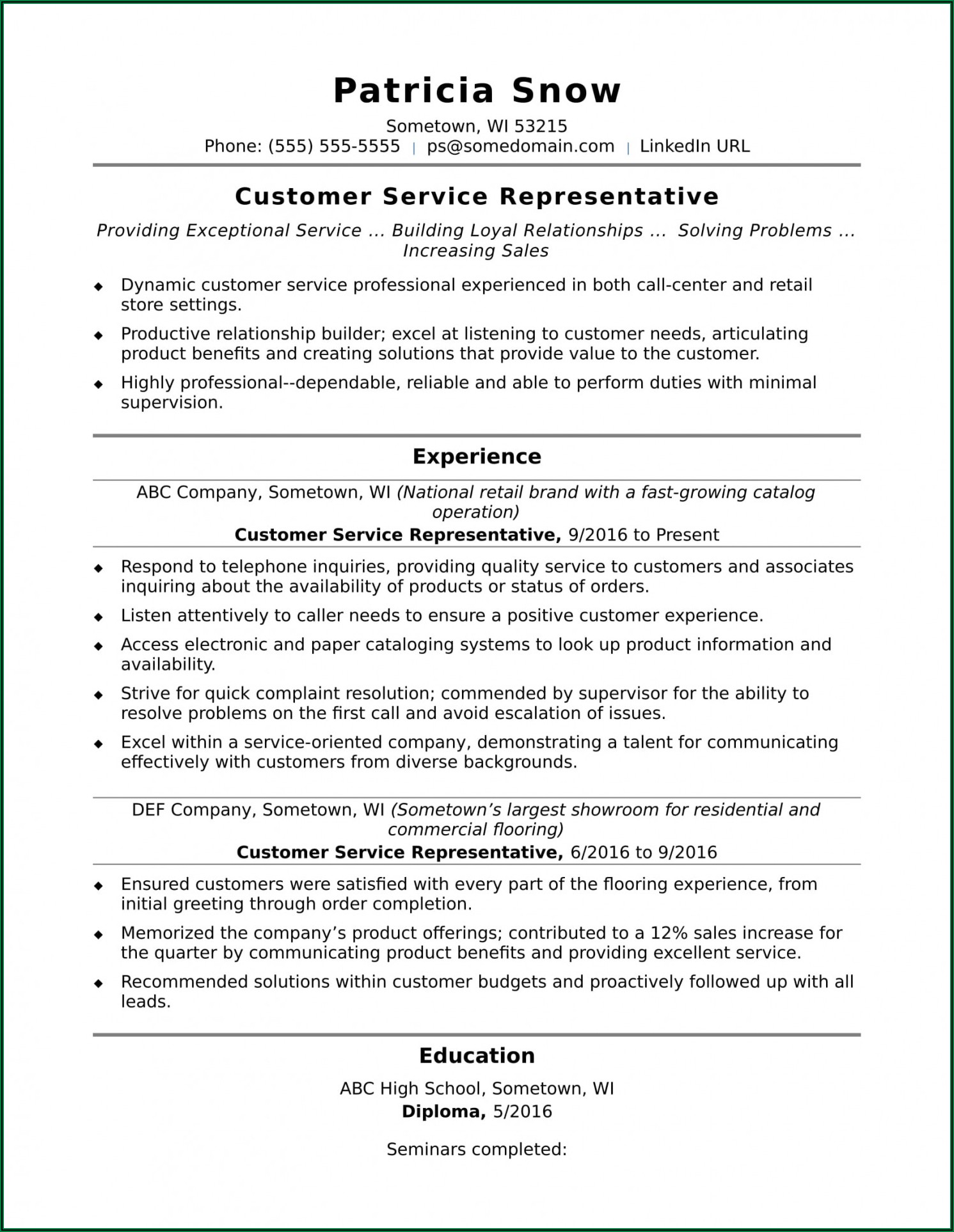 Sample Resume For Customer Service Representative In Retail