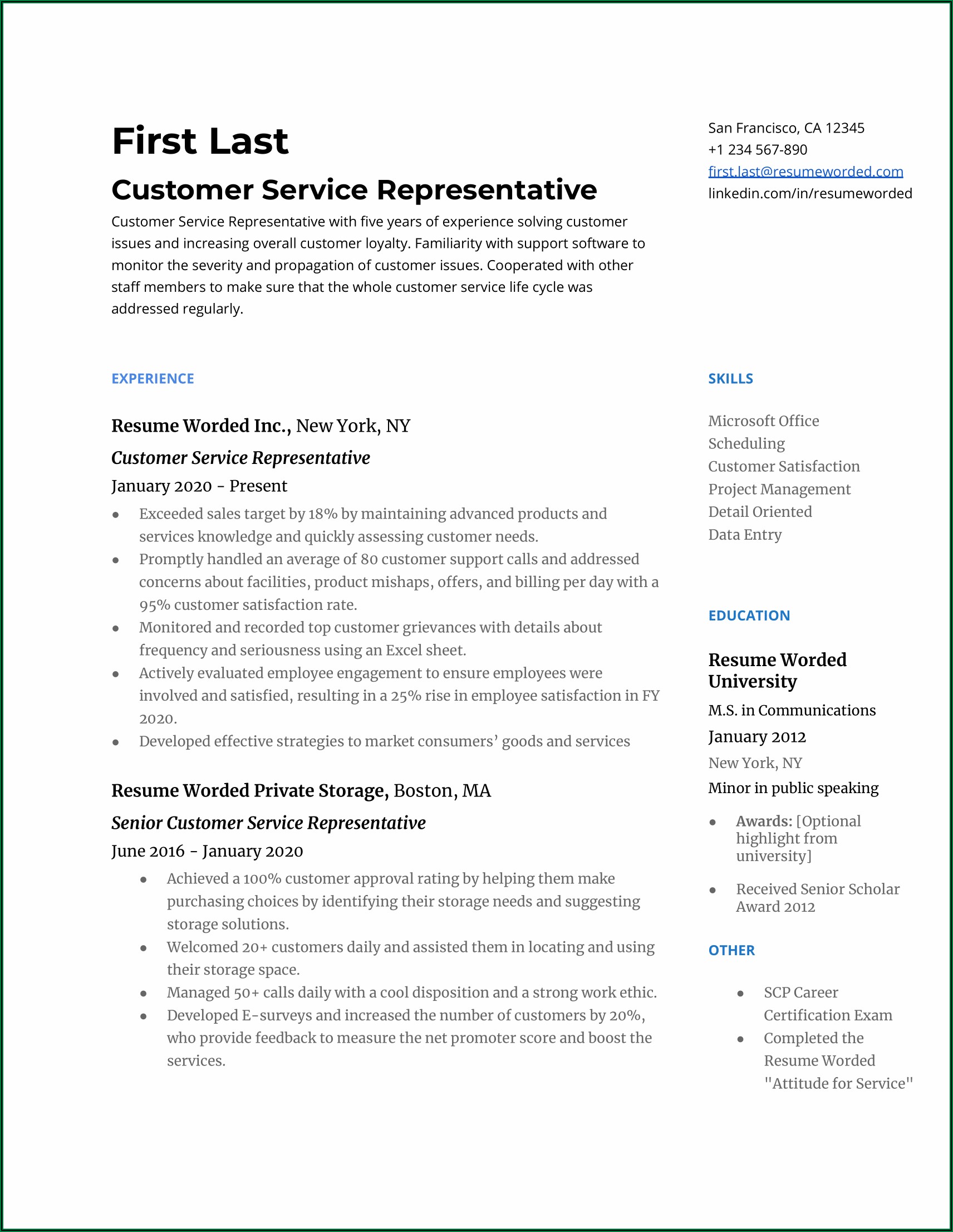 Sample Resume For Customer Service Representative With Experience