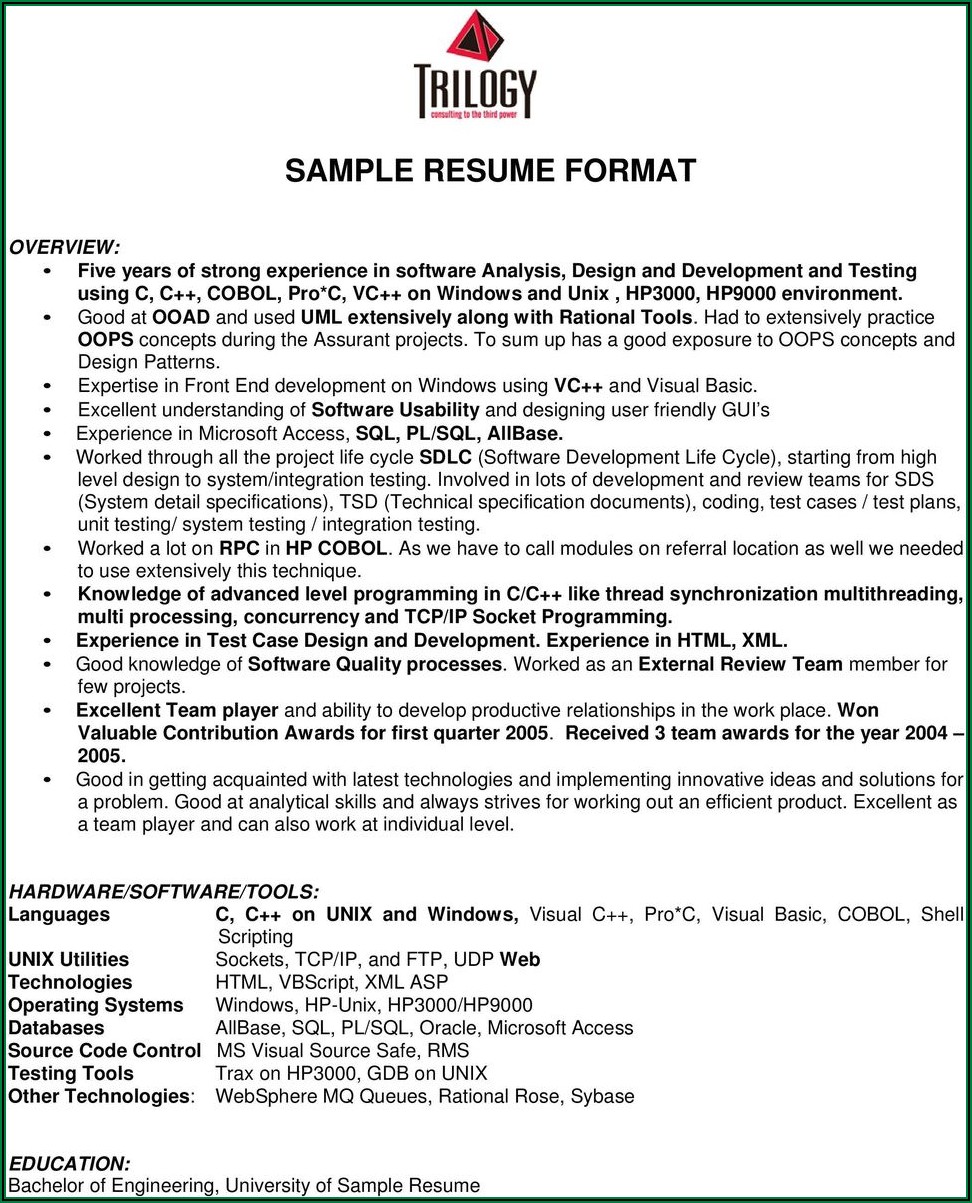 Sample Resume Format Pdf Download Free
