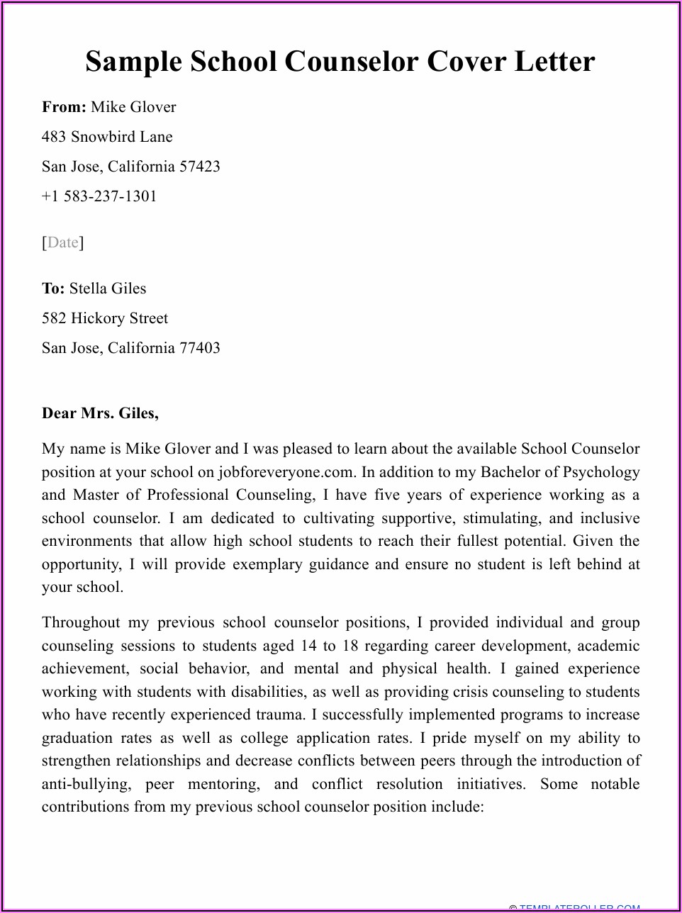 School Counselor Cover Letter Pdf