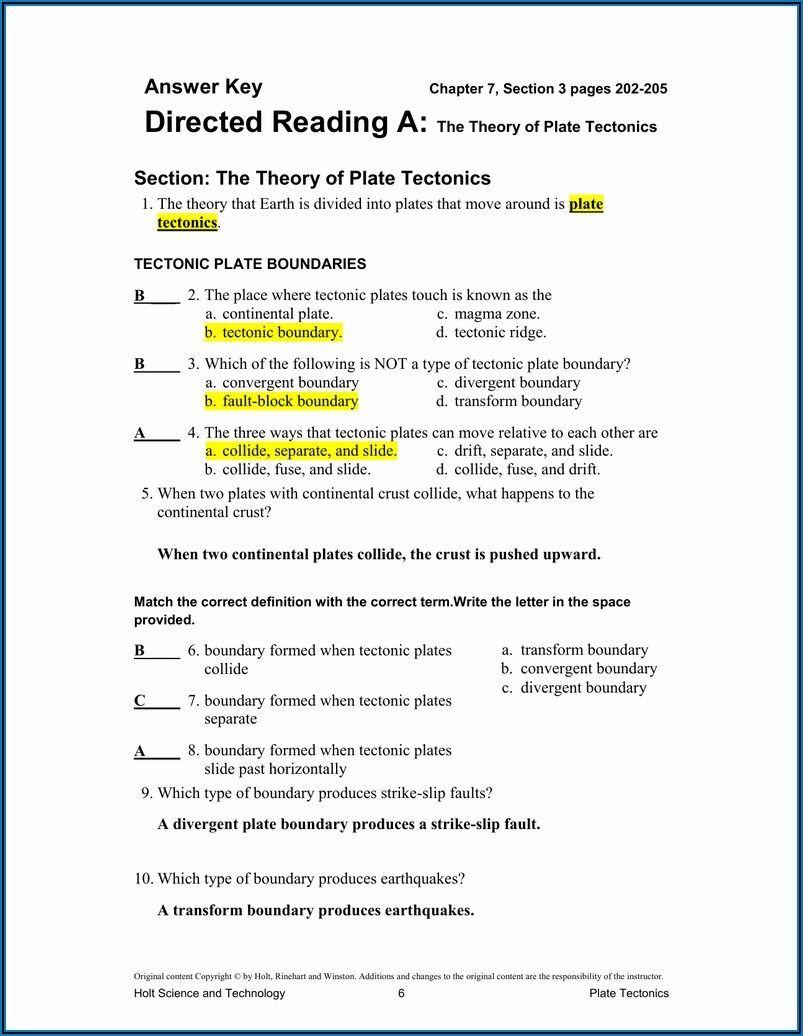The Theory Of Plate Tectonics Worksheet Guided Reading And Study Answers
