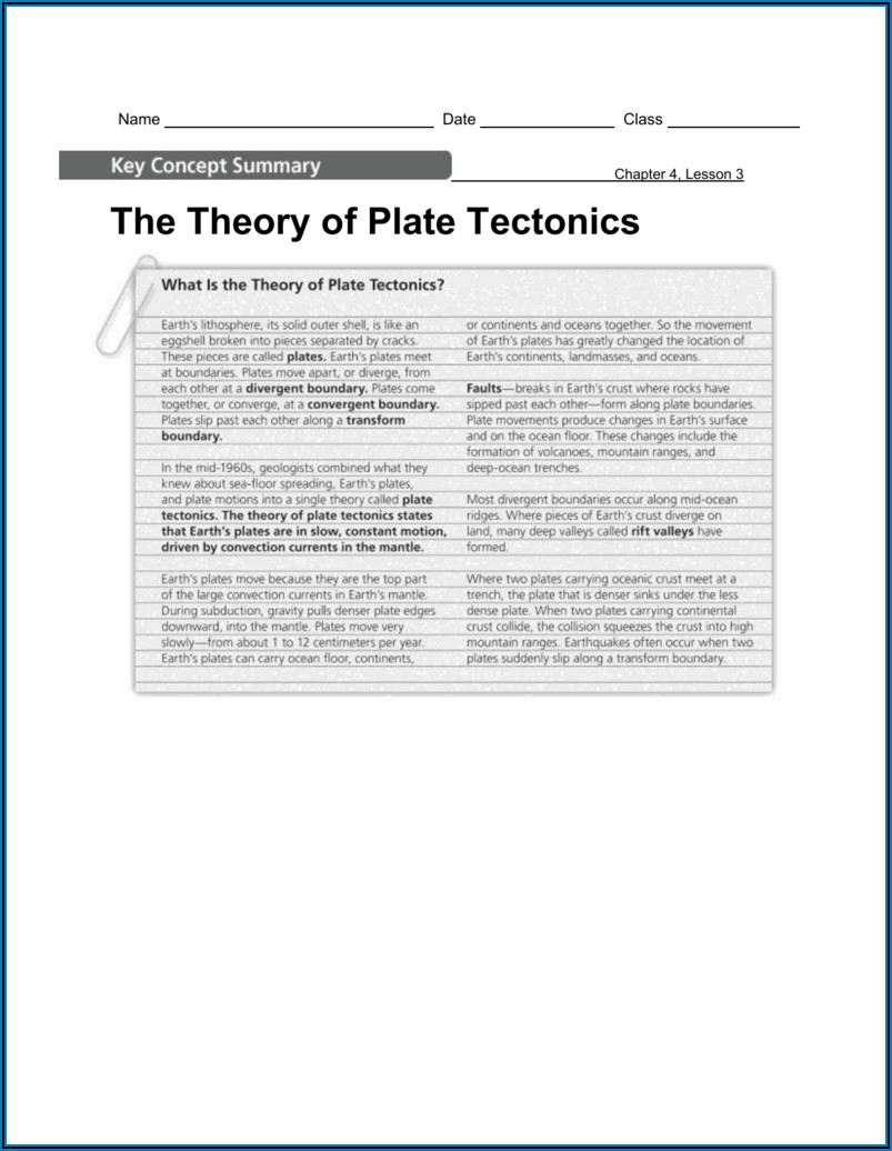 Theory Of Plate Tectonics Worksheet Answer Key Section 3