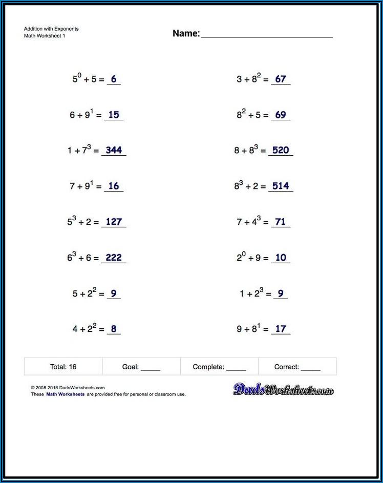 Whole Number Exponents Worksheets