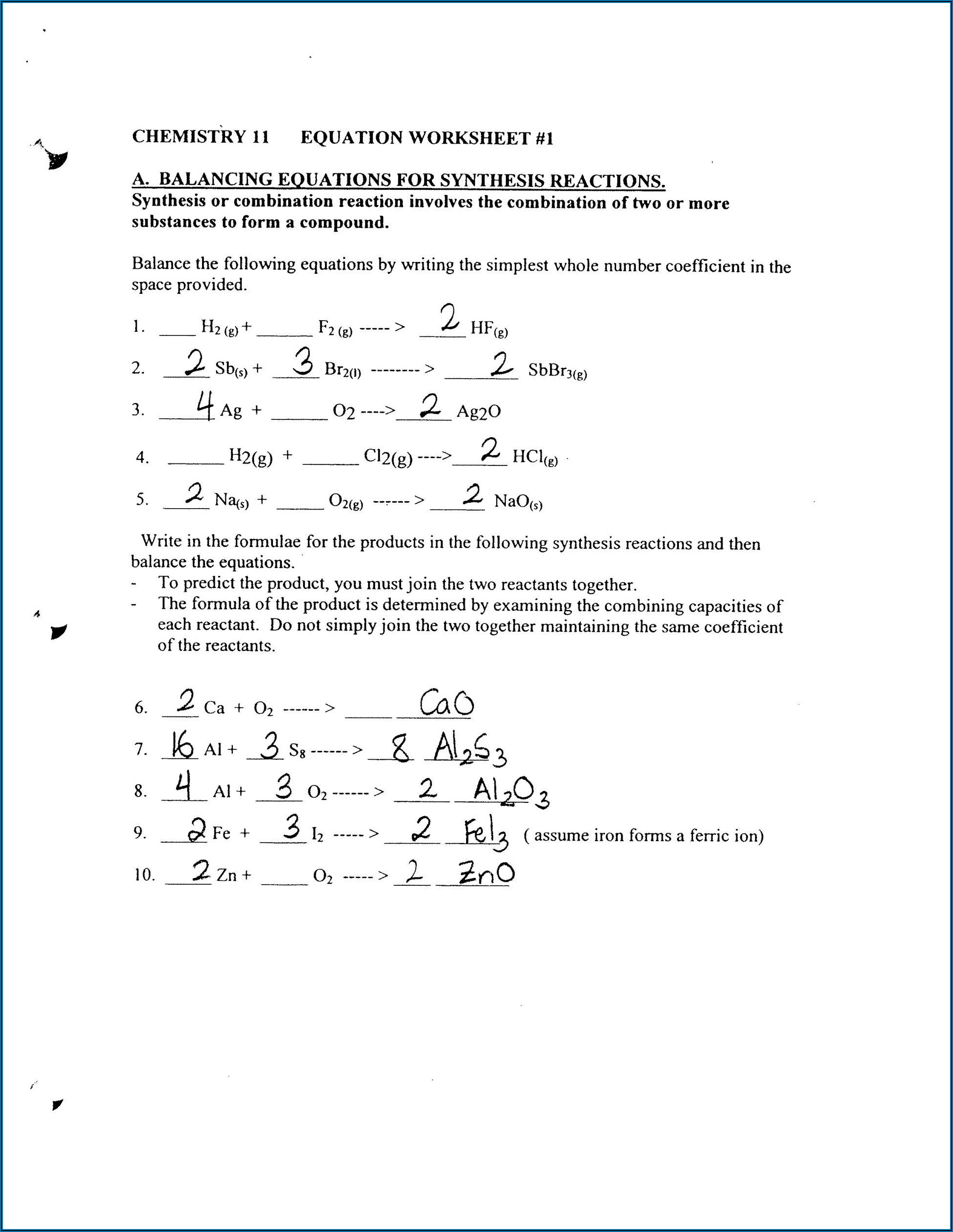Word Equations Worksheet Answers Instructional Fair
