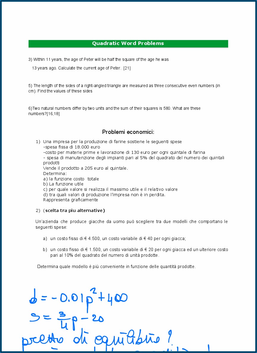 Worksheet On Word Problems On Quadratic Equations