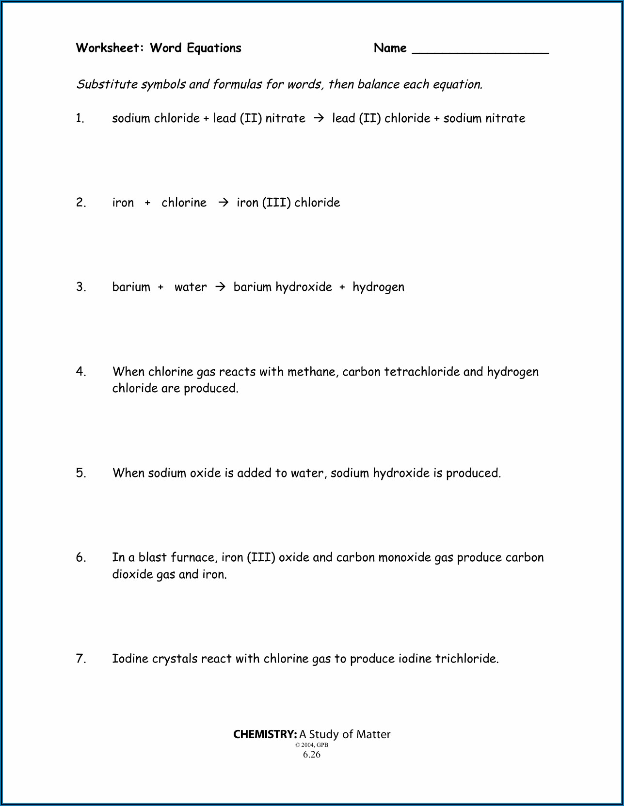 Worksheet Word Equations Chemistry A Study Of Matter 6.26