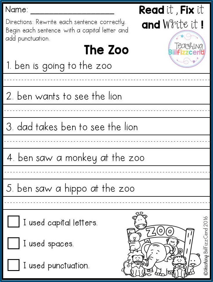 Writing Sentences Worksheets For 1st Grade Pdf Free