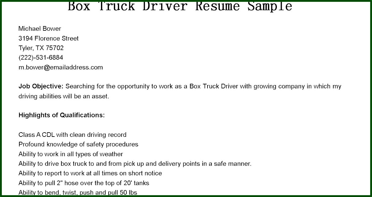 Box Truck Driver Job Description For Resume