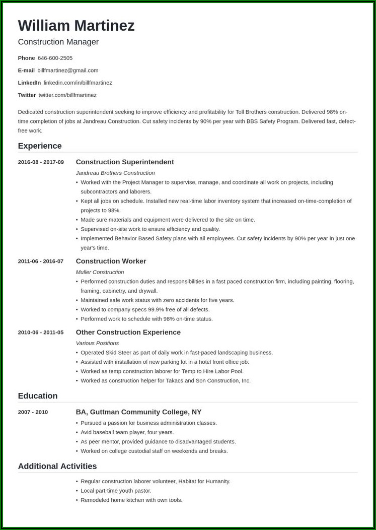 Free Resume Templates For Construction Workers