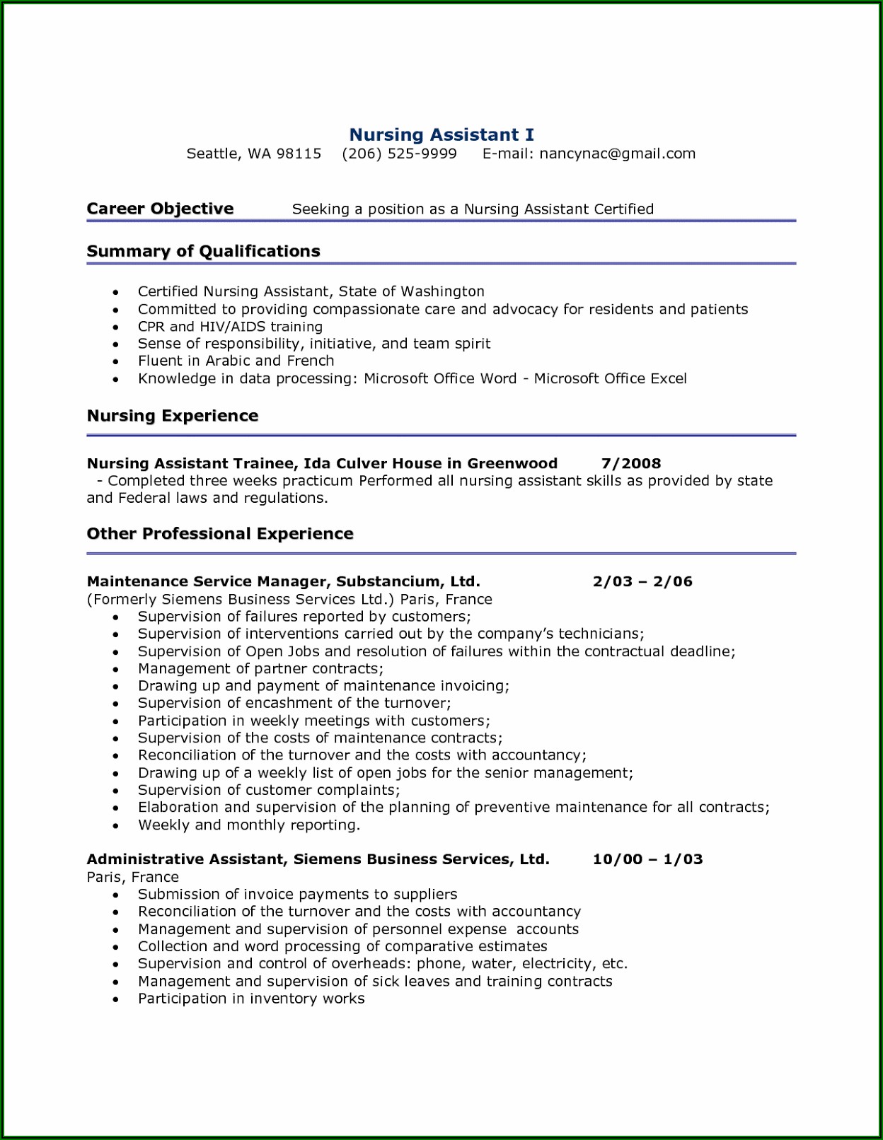 Objective For Nursing Aide Resume