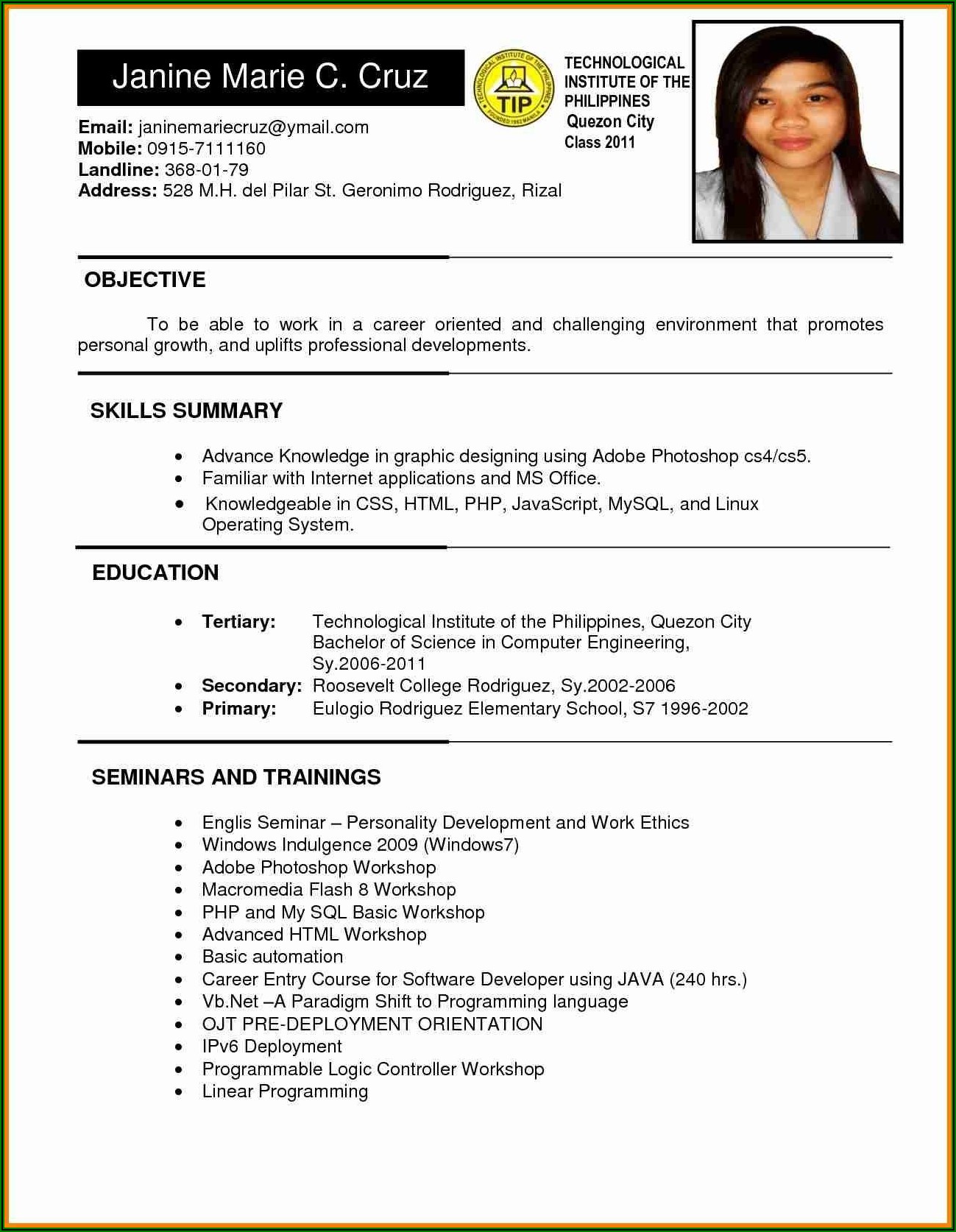 Sample Of Resume Format In Philippines