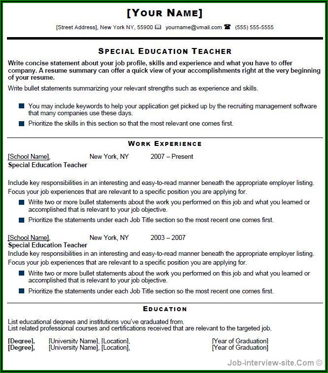 Sample Resume Format For Fresher Teacher