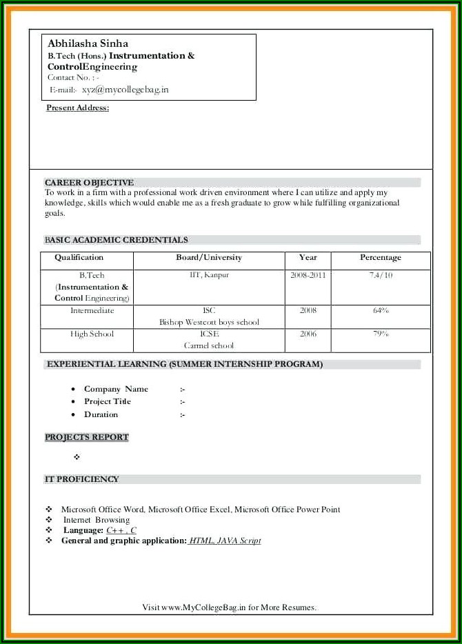 Sample Resume Format For Freshers In Word Document