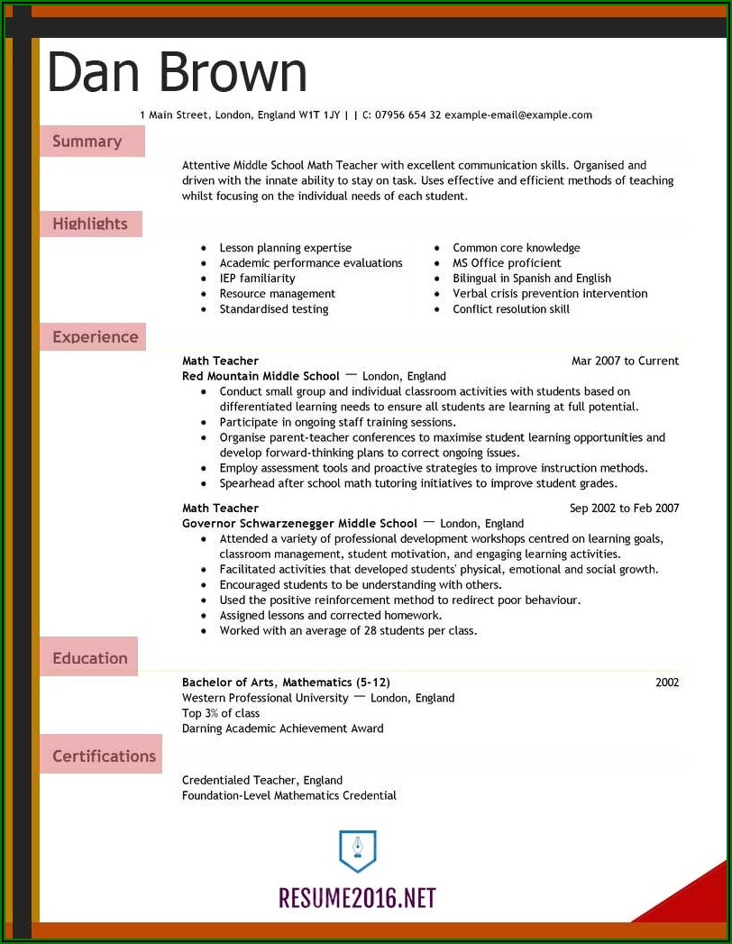 Sample Resume Format For School Teachers
