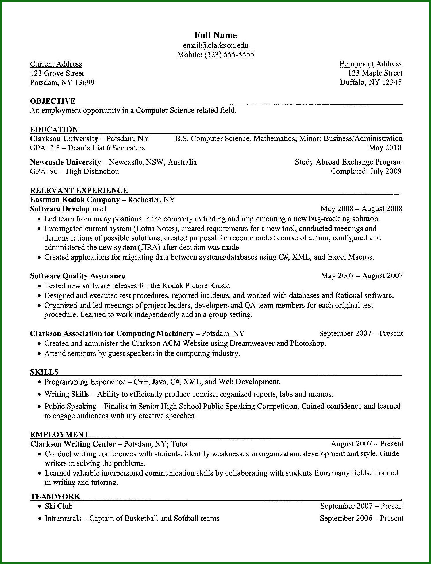 Sample Resume Templates In Word Format