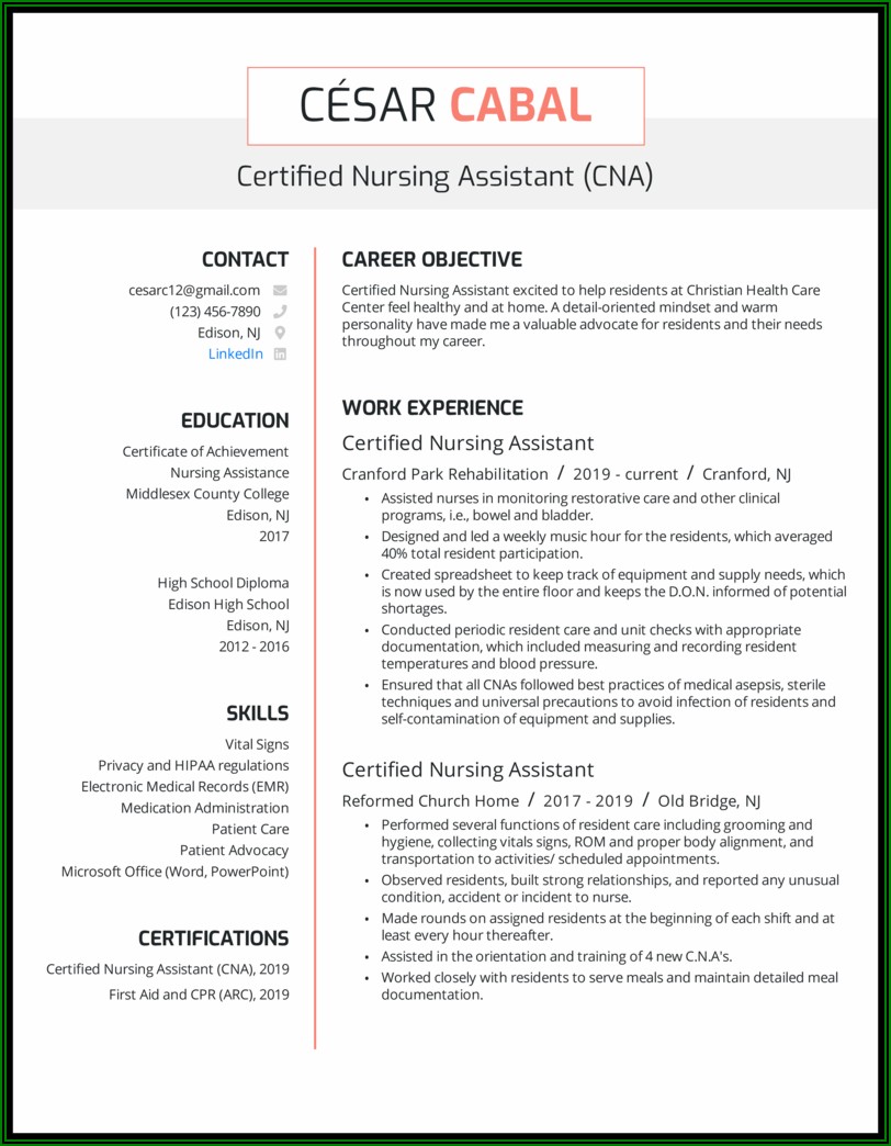 Skills Section Of Resume For Nursing Assistant