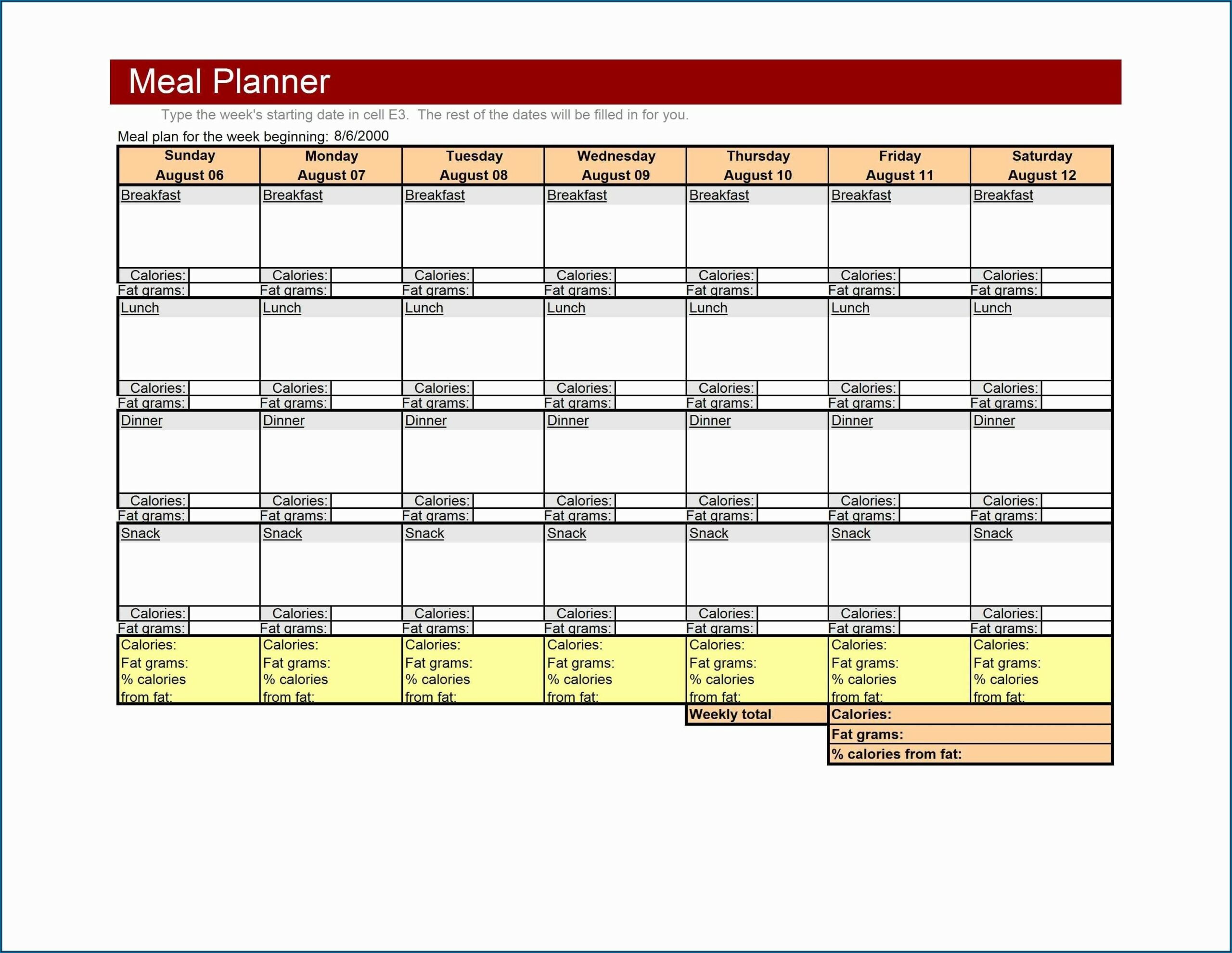 Weekly Meal Planner Template With Grocery List Excel