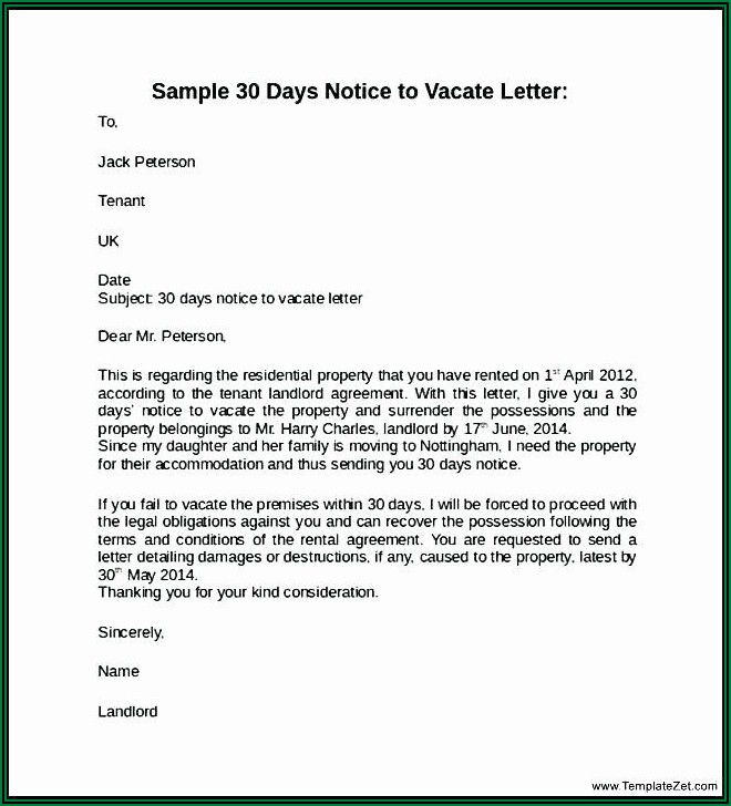 30 Day Notice To Vacate Letter To Landlord Template