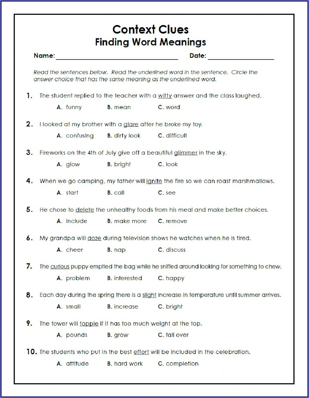 4th Grade Context Clues Worksheets With Answers