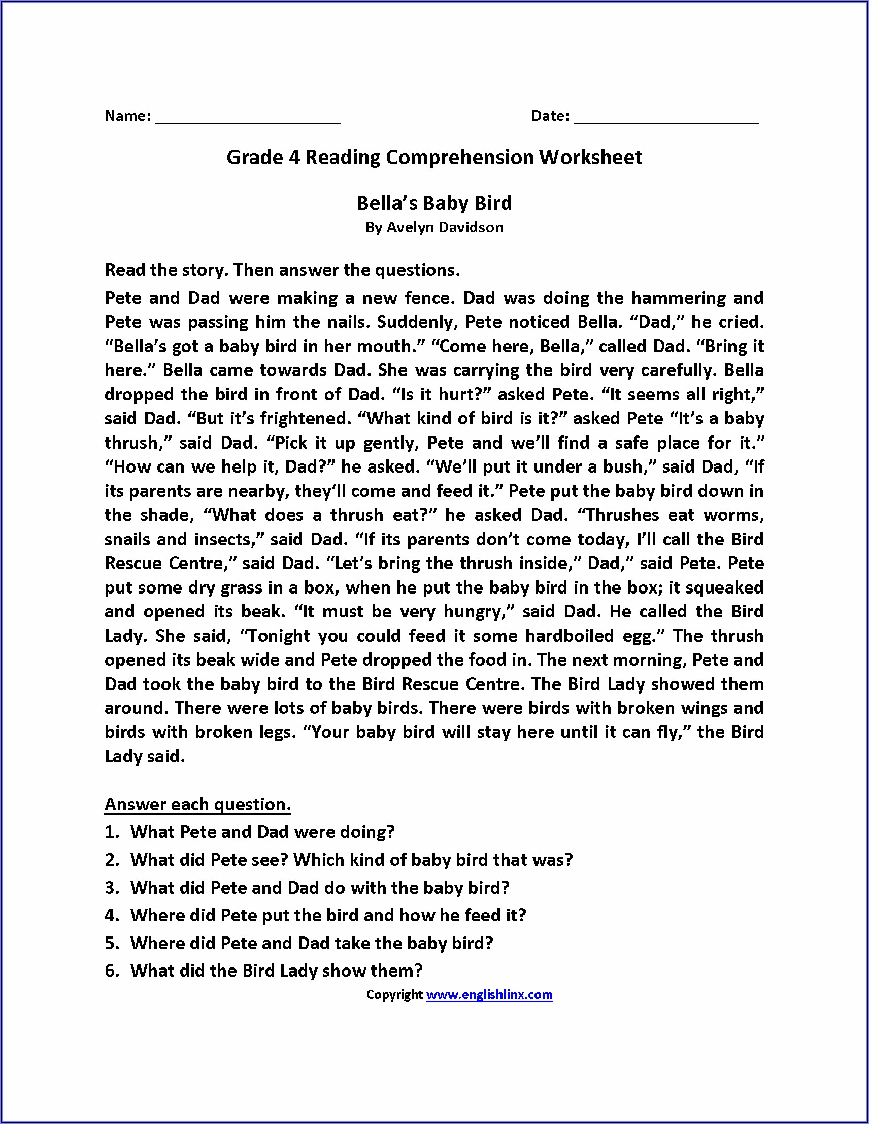 Comprehension Worksheets Grade 4 Pdf