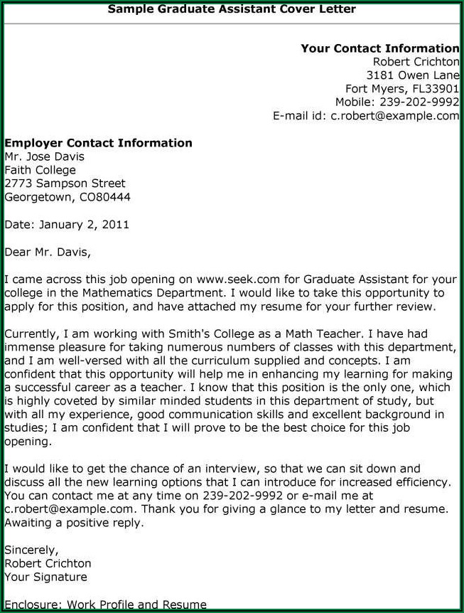 Cover Letter Sample For Graduate Assistantship Position