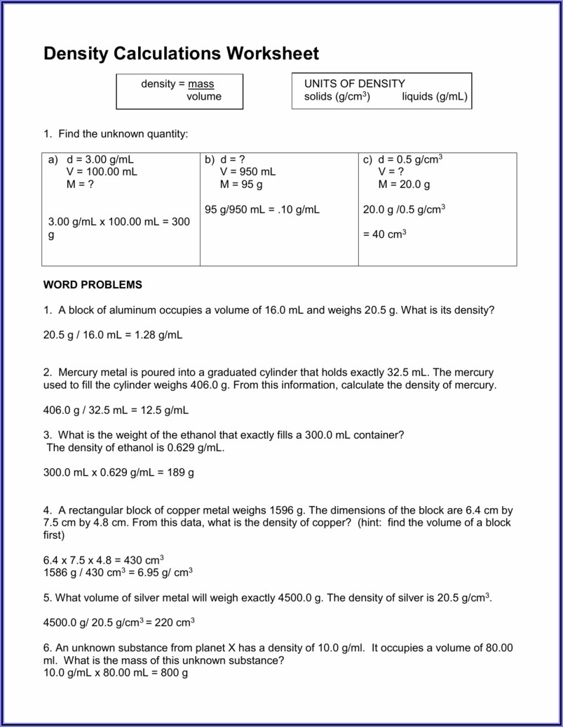 Density Calculations Practice Worksheet Answers