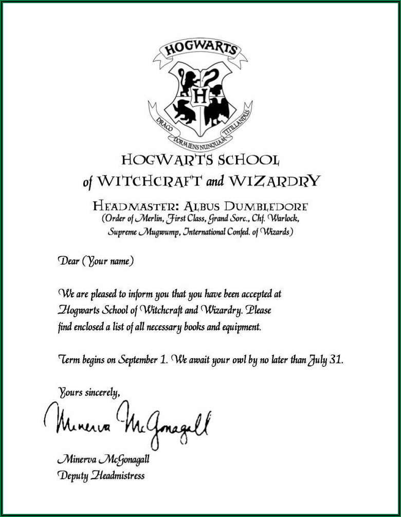 Harry Potter Invitation Letter To Hogwarts Template