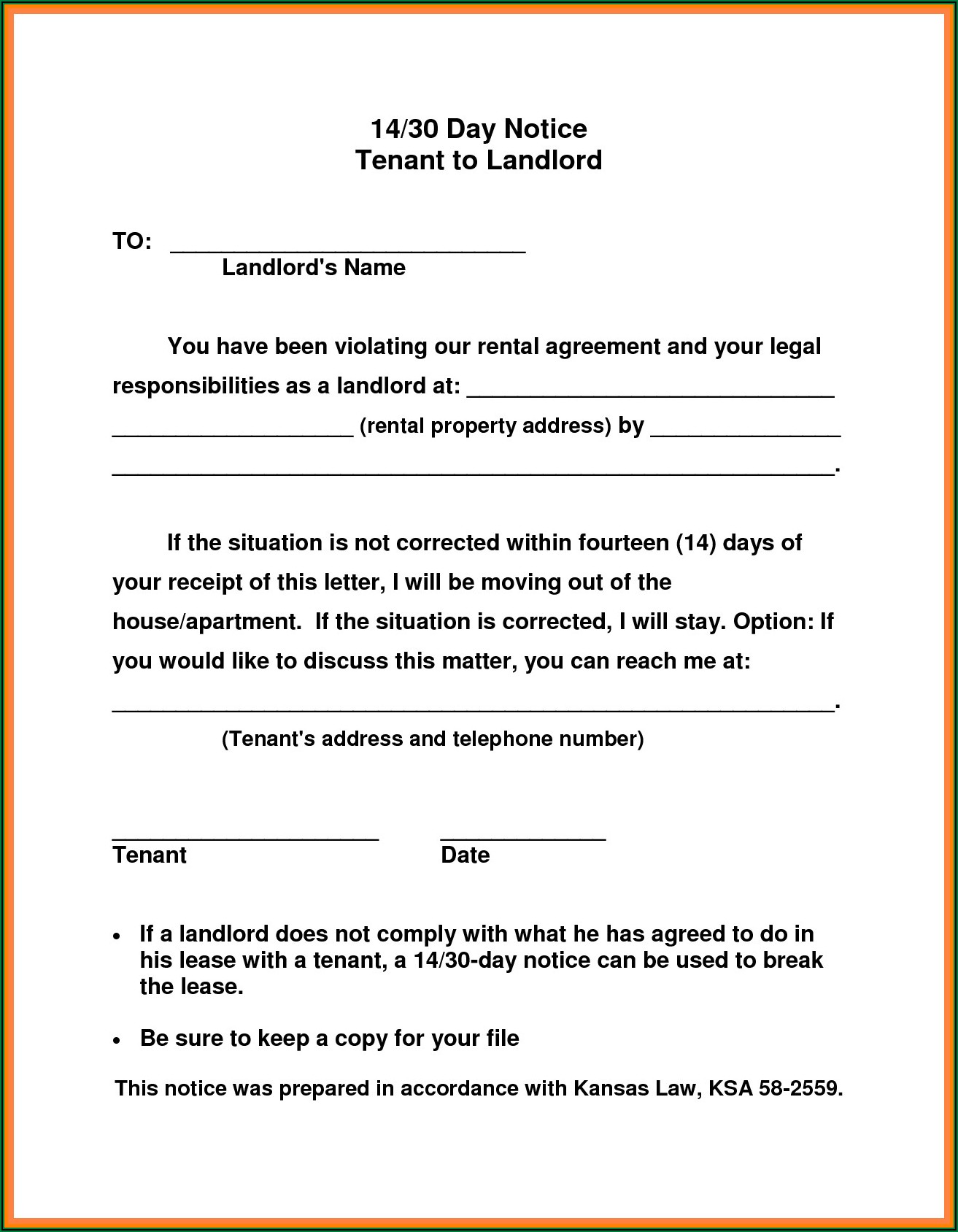 Landlord Notice To Vacate Letter Sample
