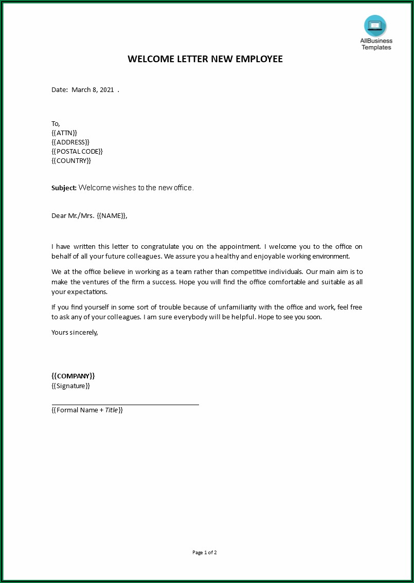 New Hire Welcome Letter Template