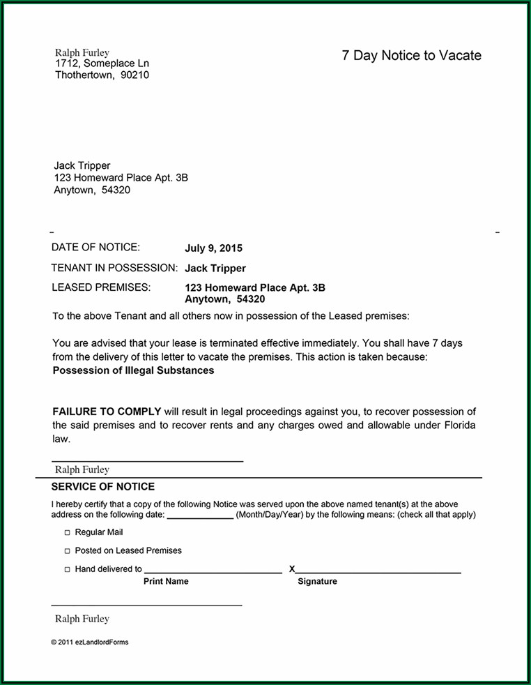 Notice To Vacate Letter From Landlord To Tenant Florida