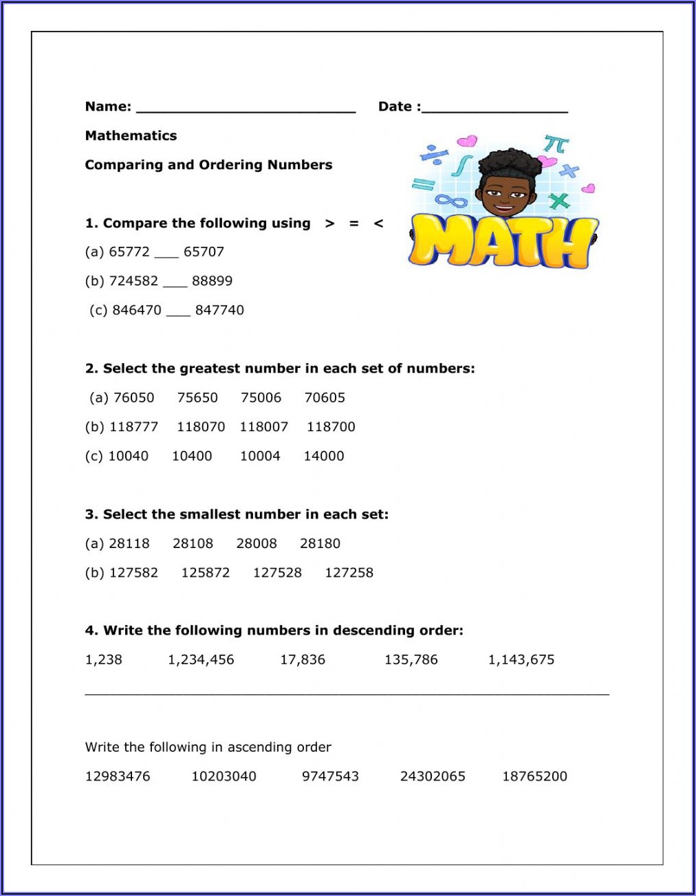 Order And Compare Numbers Up To 1 Million Worksheet