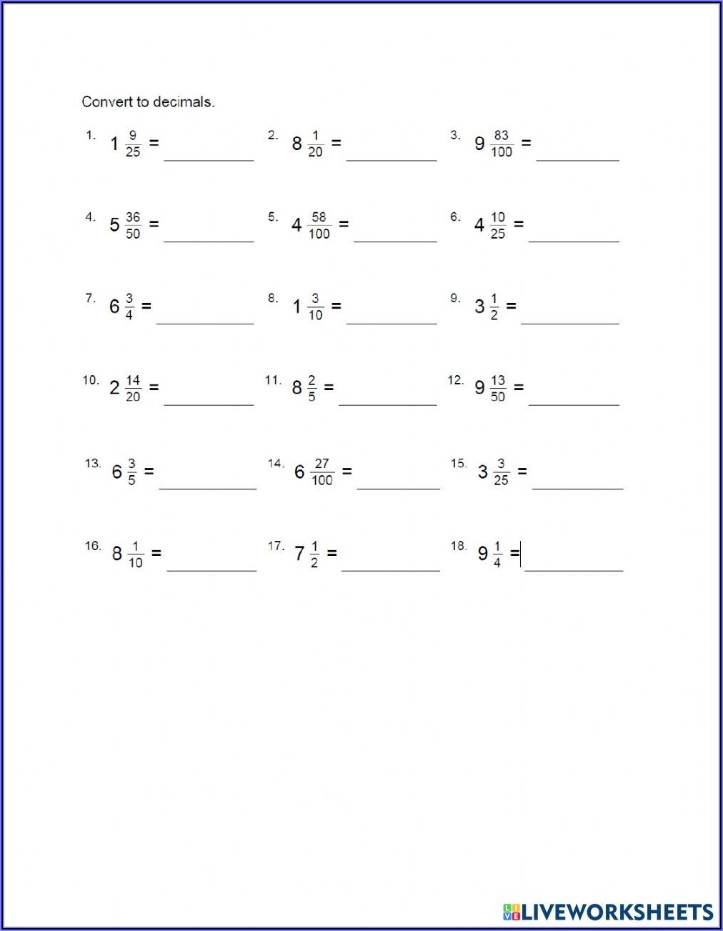 Ordering Fractions Decimals And Mixed Numbers Worksheets