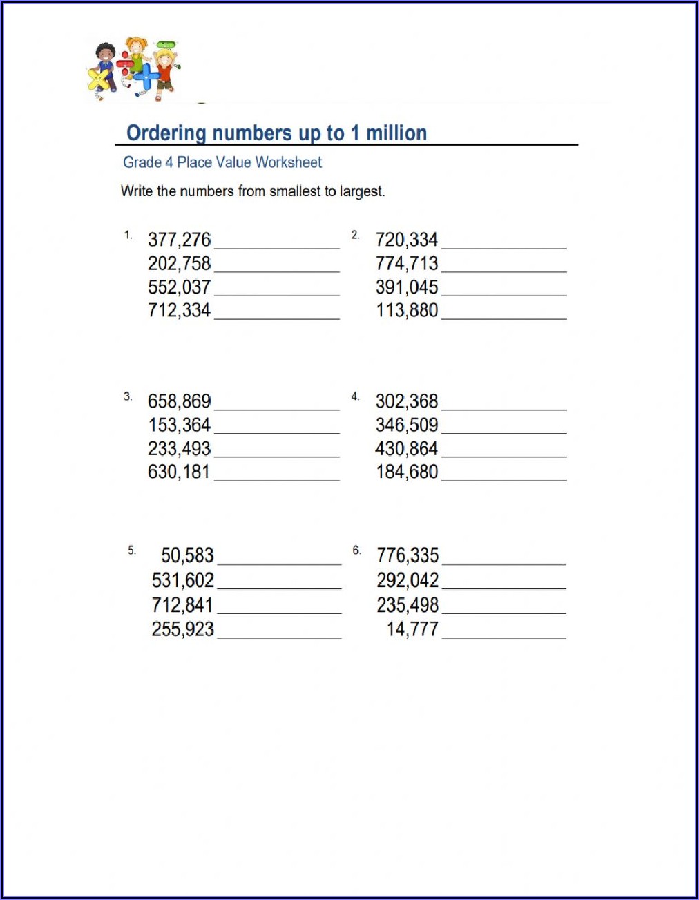 Ordering Numbers Up To 1 Million Worksheet