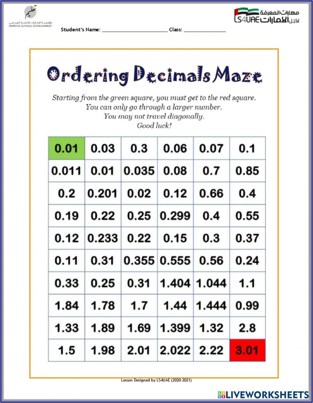 Ordering Whole Numbers And Decimals Worksheet