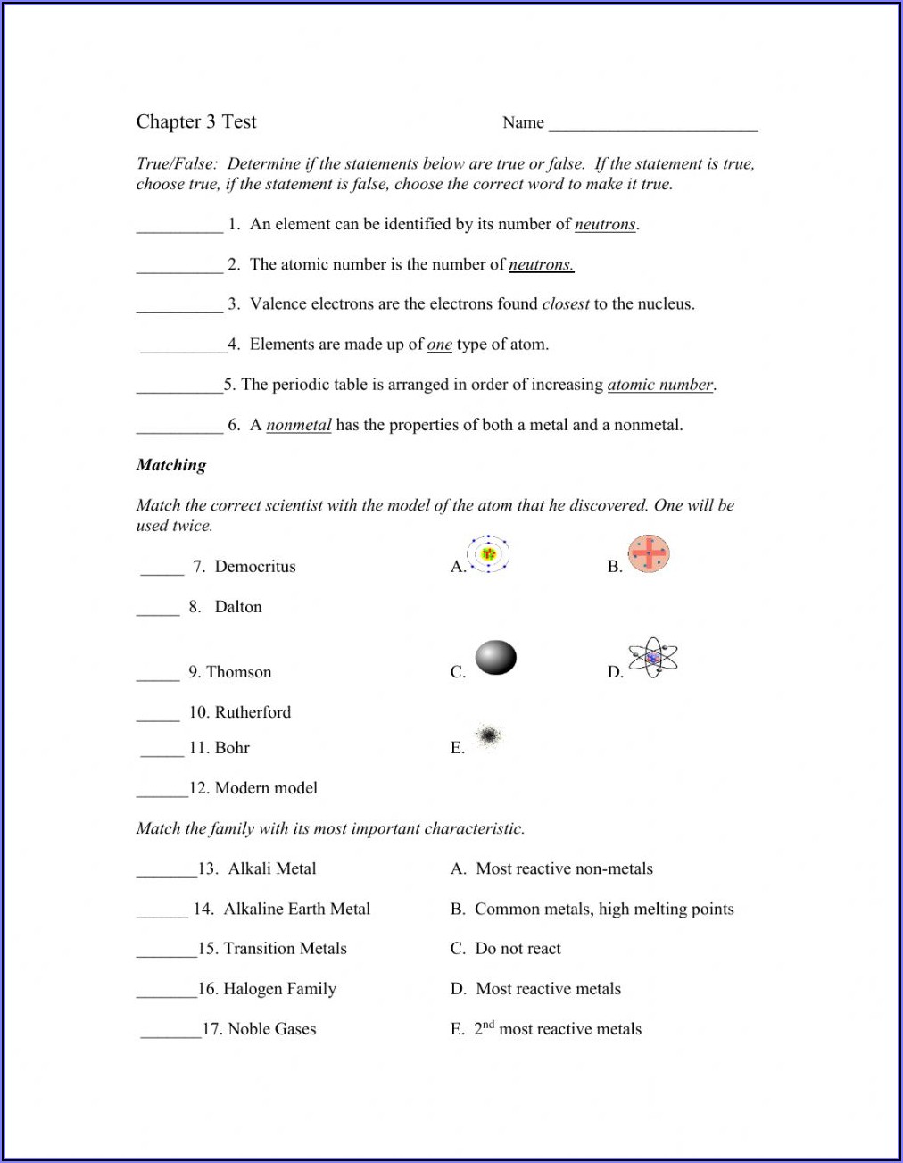 Periodic Table Review Questions Worksheet