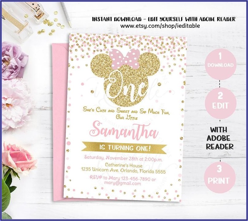Pink And Gold Minnie Mouse 1st Birthday Invitations