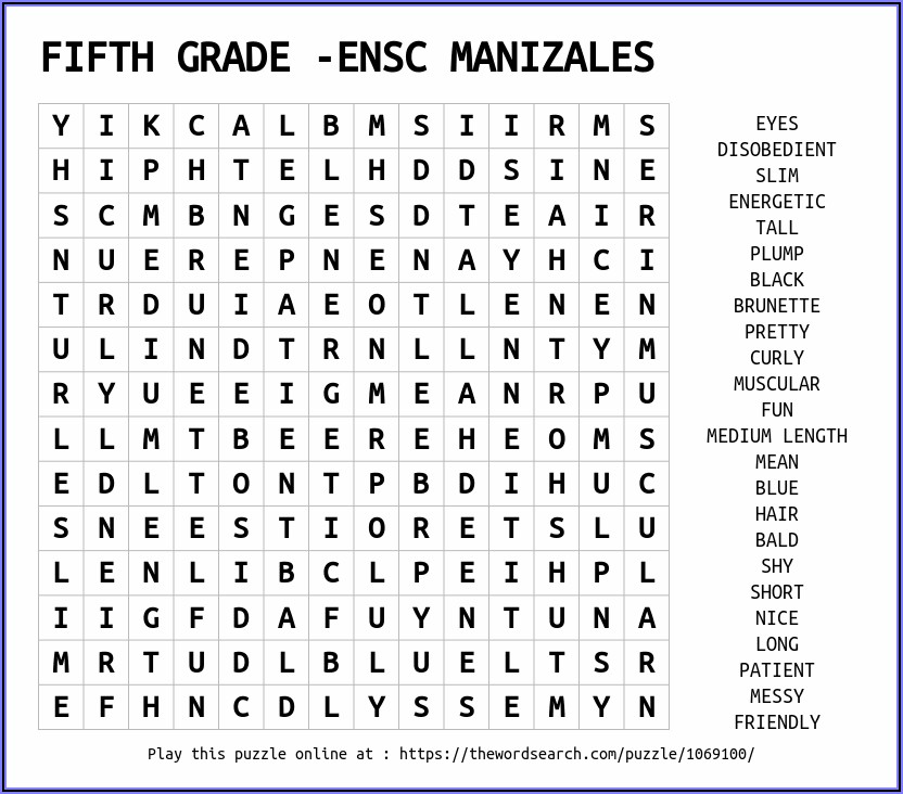 Printable Word Search For Fifth Graders