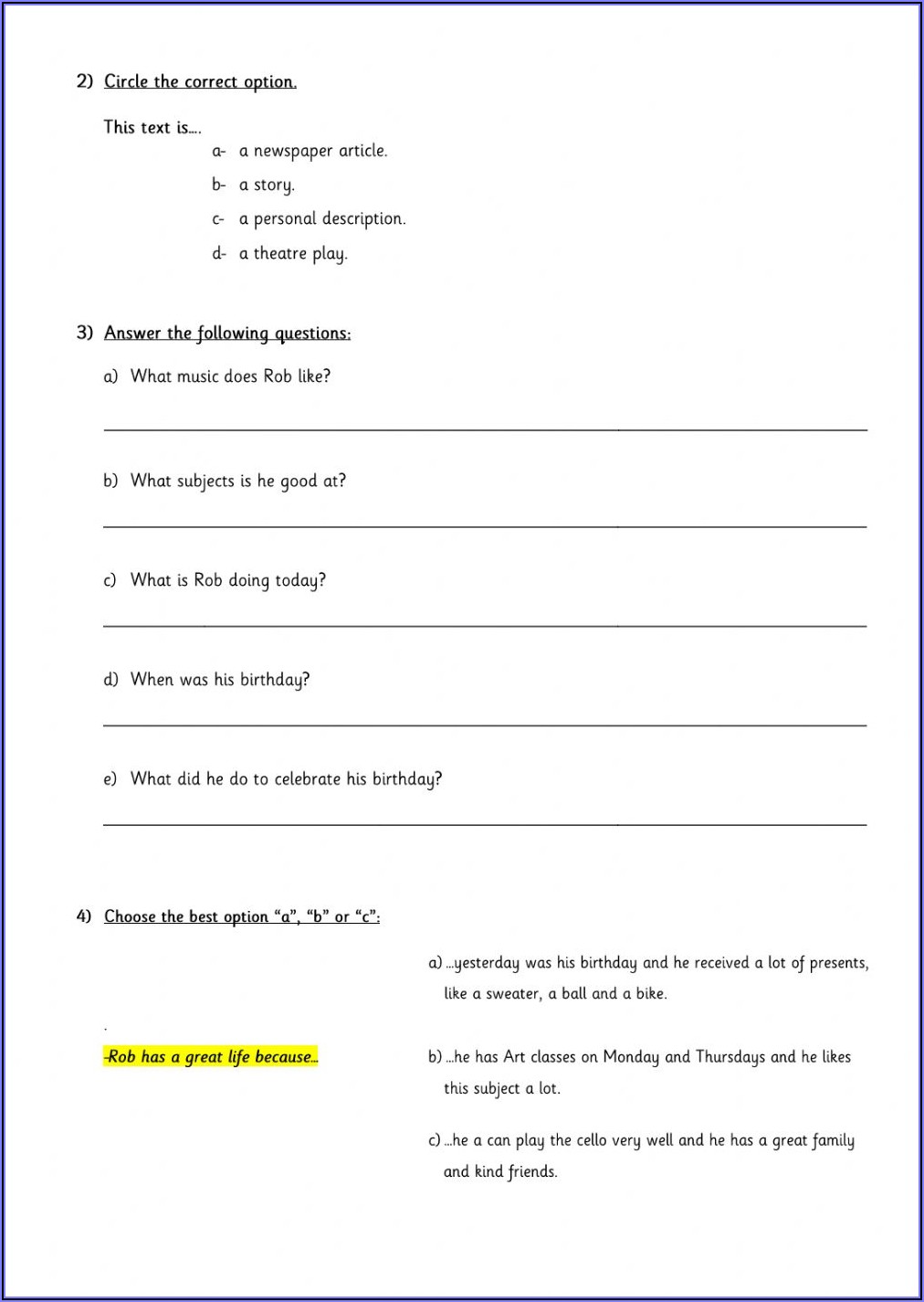 Reading Comprehension Worksheet For 4th Grade
