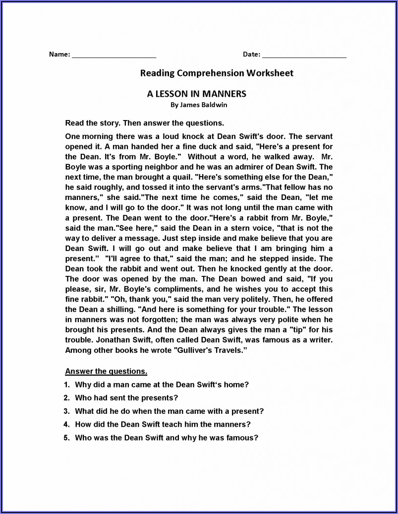 Reading Comprehension Worksheets For 4th Grade Pdf