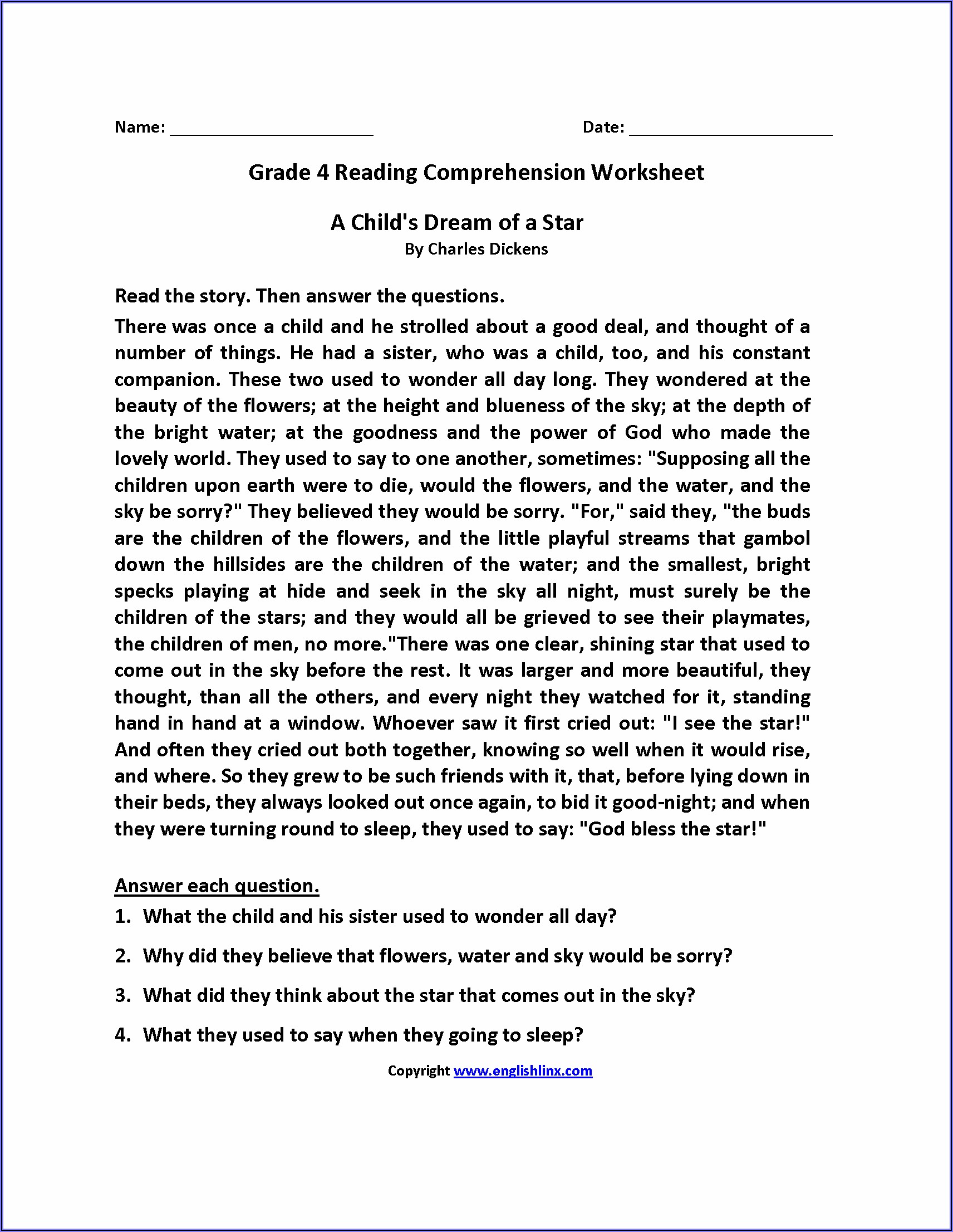 Reading Comprehension Worksheets For Grade 4 With Answers Pdf