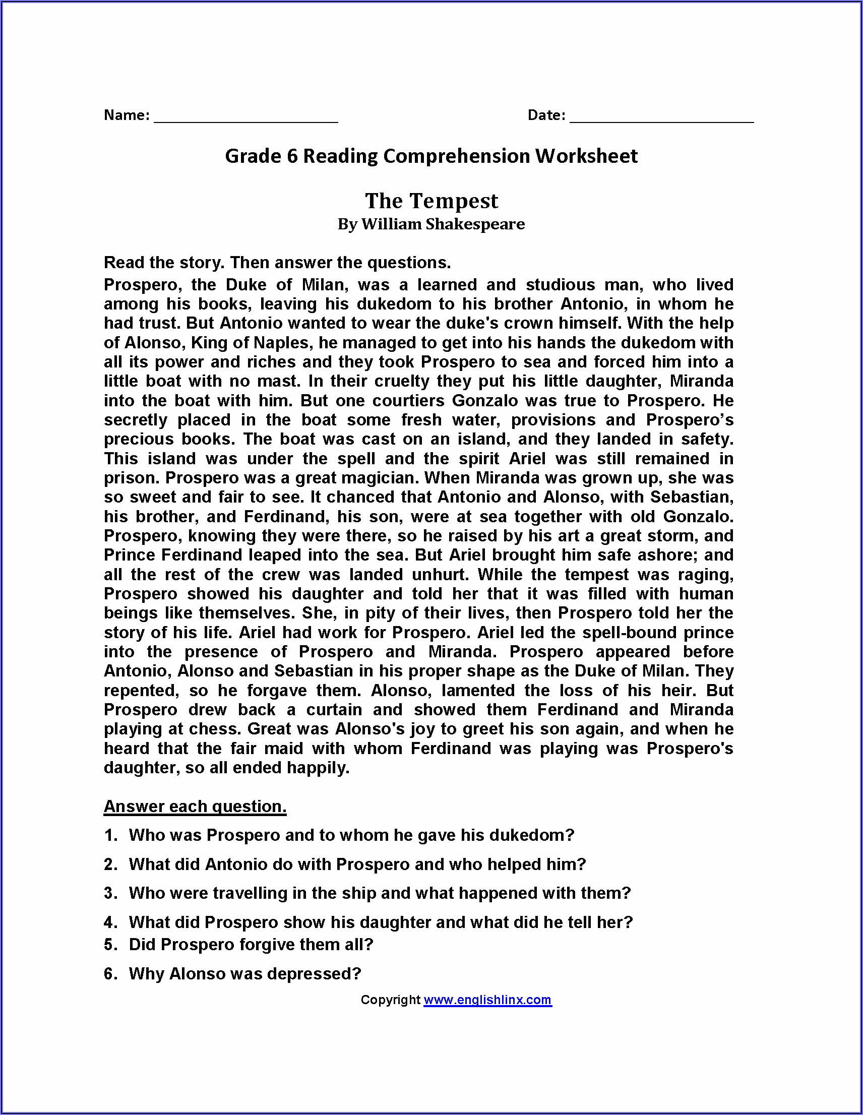 Reading Comprehension Worksheets Grade 4 Pdf