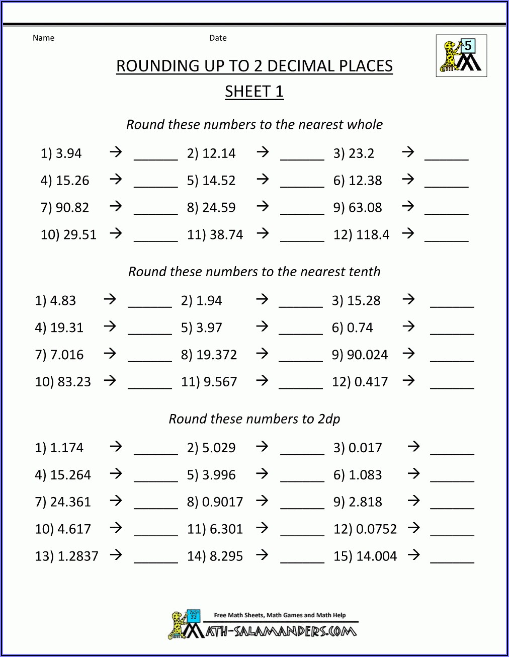 Rounding Decimals To The Nearest Whole Number Worksheet Tes