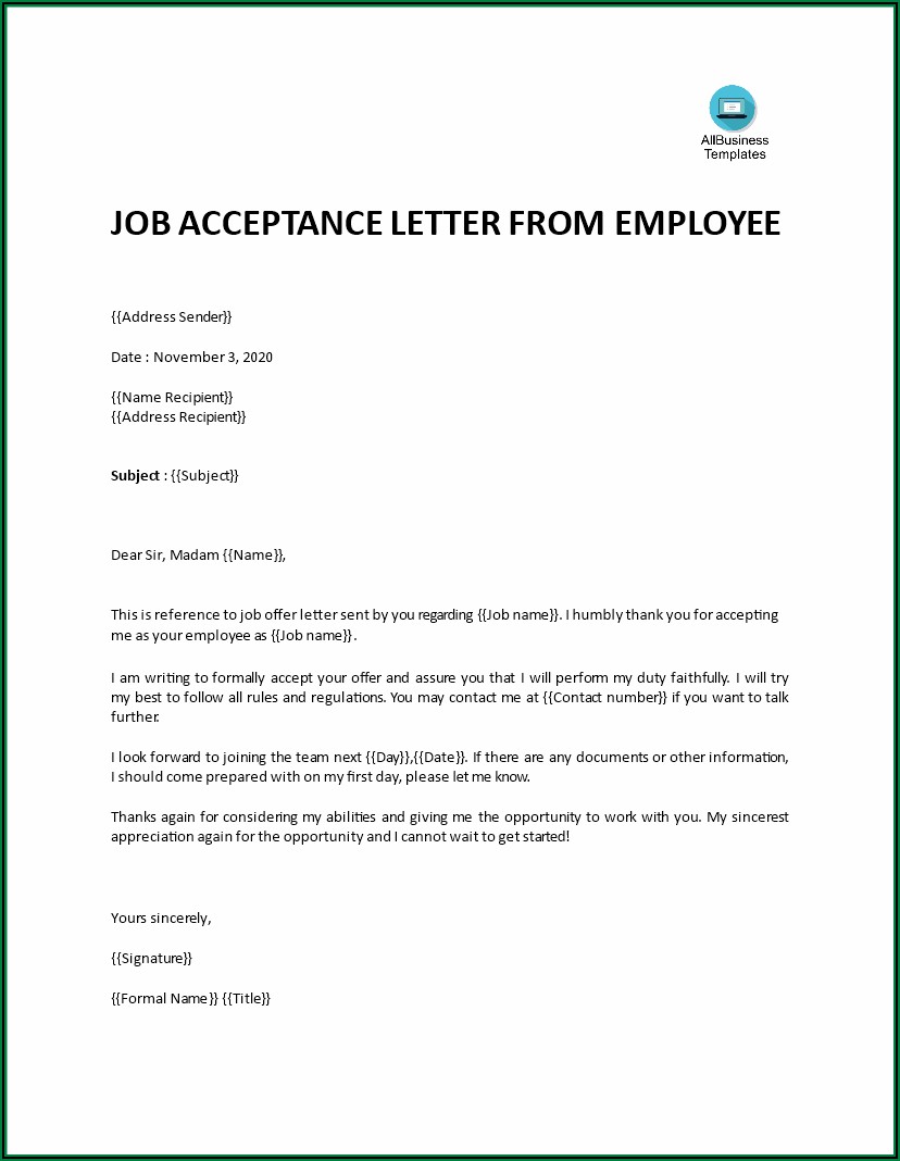 Simple Job Offer Acceptance Letter Sample Pdf